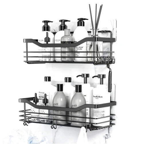 Orimade Shower Caddy Basket Shelf Storage Rack, No Drilling Wall Mounted Adhesive Rust Proof Stainless Steel Shower Organizer with 5 Hooks for Bathroom, Black 2 Pack