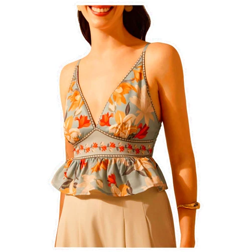 MakeMeChic Women's Floral Deep V Neck Crop Tops Ruffle Sleeveless Shirred Tank Cami Tops