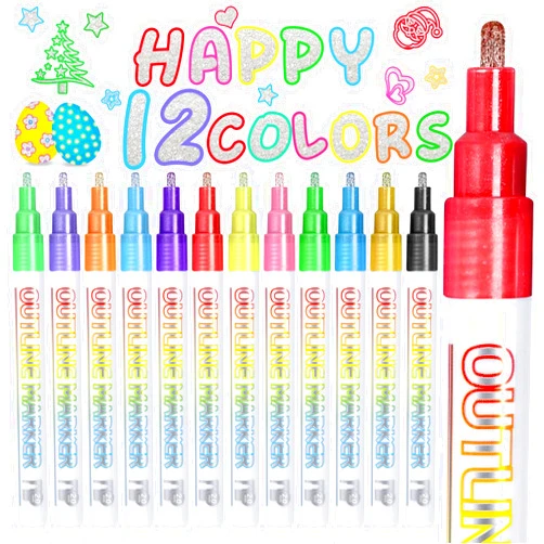 CLOYAN 12 Colors Outline Markers Double Line, Metallic Markers Shimmering Glitter Outline Pens Set for Kids 4-12 Year Old Girl, Stocking Stuffers for kids Teens Gifts for Drawing, Art School Supplies, Crafts