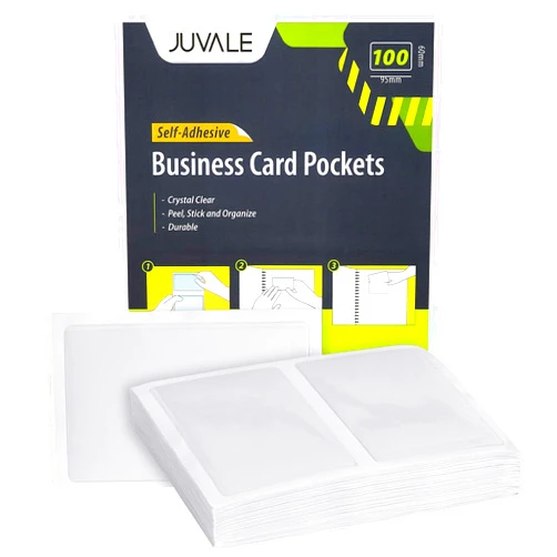 Juvale 100-Pack Clear Business Card Pockets Holders 3.75x2 in, Self-Adhesive Top Load Plastic Protector and Sleeves Labels, Bulk Set for Storage, Organization, Labeling