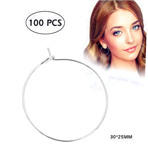 Salmue 100 Pcs Hypoallergenic Steel Circle Earring Loops Wine Glass Big Round Party Earring Hoop Ring Set Jewelry Findings (Silver 30 * 25MM)