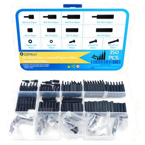 COMRUN 350PCS M2 Black Male Female Nylon Hex Spacer Standoff Screw Nut Set Assortment Kit (Black) for PCB Motherboard Circuit Board