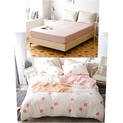 AOJIM 100% Cotton Made Cute Strawberry Bedding Set 4 PCS 【1 Queen Duvet Cover+ 2 Standard Pillowcases + 1 Queen Fitted Sheet】