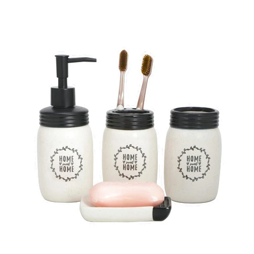 ADAVAS.Y&G Morden Farmhouse Bathroom accesories Set Marson jar with Home Sweet Home Floral Design 4pc Set (Home Sweet Home)
