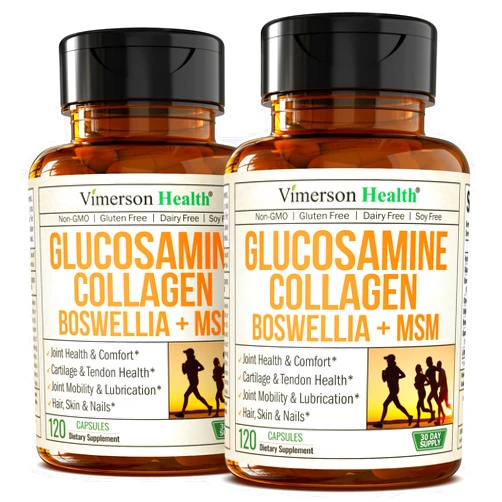 Vimerson Health Glucosamine Chondroitin MSM with Collagen Powder. Joint Support Supplement. Bromelain, Quercetin, L-Methionine & Boswellia Extract capsules. Hair Skin and Nails Vitamins. FSA eligible. 2 Pack