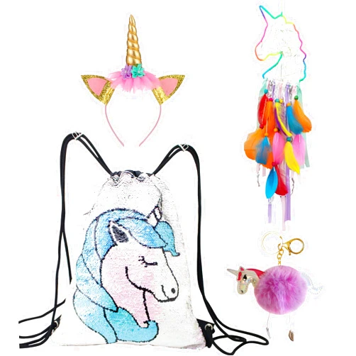 Charmbow Unicorn Gift Set Girls Drawstring Sequin Backpack/Necklace/Headband/Keychain/Hair Bow (White w/Dream Catcher)