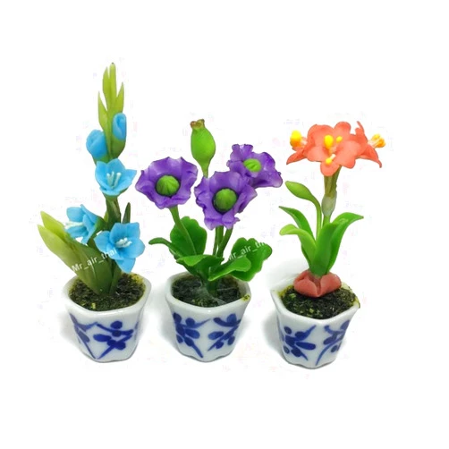 Mr_air_thai_Miniature Cactus and Flower 3pc Miniature Flower Clay Dollhouse Fairy Garden Mini Plant Trees Ceramic Paint Furniture Bundles Artificial Flowers Tiny Orchid #081