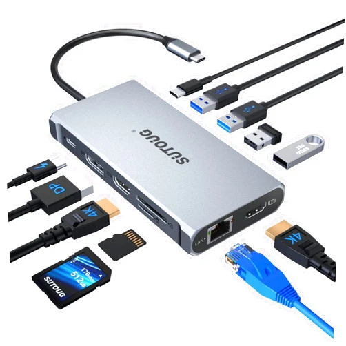 SUTOUG 12 in 1 USB C Hub, Docking Station, Triple Displays Laptop Docking Station for MacBook Pro and Windows(2 HDMI, DP, 100W PD, SD/TF Card Reader, 3 USB 3.0 Ports), MAC OS only Support Mirror Mode