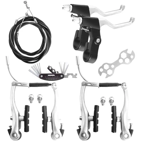 Gashwer Complete Bike Brakes Set, Universal Bike Front and Rear MTB Brake, Inner and Outer Callipers Cables Lever Kit with Multi-Tool Wrenches Silver