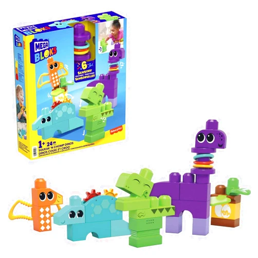 Mega BLOKS Fisher-Price Toddler Building Blocks Toy Set, Squeak ‘n Chomps Dinos with 24 Pieces, 4 Buildable Animals, Ages 1+ Years