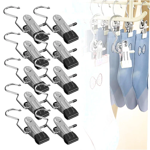 AIIONP 2024 New Space-Saving Clothes and Hat Storage Hook, Boot Hangers for Closet, Heavy Duty Laundry Hanging Hooks with Clips, Portable Single Hangers S-Shaped Stainless Steel Clothespin (Black, 10 PCS)