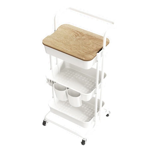 DTK 3 Tier Rolling Utility Cart with Cover Top Board, Movable Kitchen Storage Cart Trolley with Lockable Wheels, Cups, Hooks for Kitchen Bathroom Home Office Art Craft Storage and Organization(White)