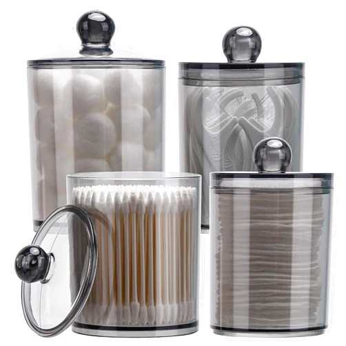 Tbestmax 4 Pack Qtip Holder 10-Ounce, 12-Ounce Bathroom Organizer Accessories Storage Containers Plastic Apothecary Jars with Lids for Cotton Ball, Cotton Swab, Floss, Black