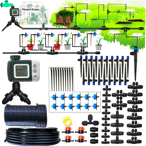 Winbomgo Drip Irrigation System with Water Timer 162ft Drip Irrigation Kit 5/16“ID and 1/4 Inch Pipe Auto Watering System for Garden Adjustable Spray, for Greenhouse, Garden, Lawn, Potted Plants Black