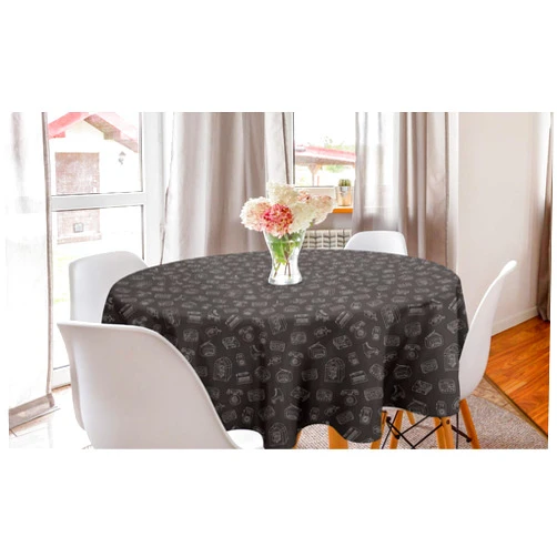 Lunarable Typewriter Round Tablecloth, Chalky Old Tech Juke Box Radio Roller Skates and Vinyl Record Player, Circle Table Cloth Cover for Dining Room Kitchen Decoration, 60