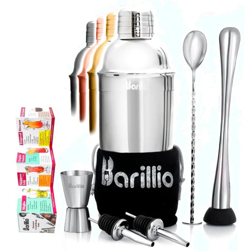 barillio Elite Cocktail Shaker Set Bartender Kit 24 oz Stainless Steel Martini Mixer, Muddler, Mixing Spoon, jigger, 2 liquor pourers, Velvet Bag, Recipes Booklet & eBook