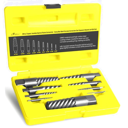 Topec 9 Piece Jumbo Spiral Flute Extractor -Easy Out Bolt Screw Extractor Set Square Shank Reverse Bit Set for Removing Broken Screws, Bolts, and Studs with Reverse Drill Bit Extractor Set