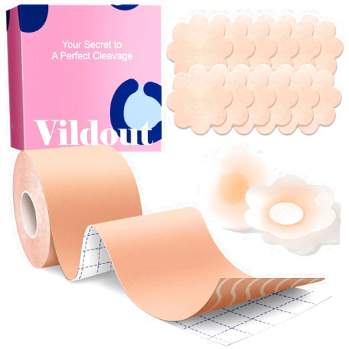 Vildout Boob Tape Kit -Boobtape for Breast Lift with Petals and Covers, Breathable Sticky Adhesive Bra Tape, Push Up Boobytape for Breast Lift, Breast Tape Suitable for Large Breasts A-G Cup Beige