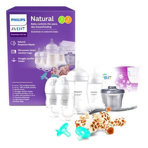AVENT Philips Avent Natural All-in-One Baby Gift Set, Bottles with Natural Response Nipples, 2X Each: 4oz (Slow Flow Rate 2) and 9oz (Medium Flow Rate 3), Soothie and Ultra Soft Pacifiers, SCD839/02