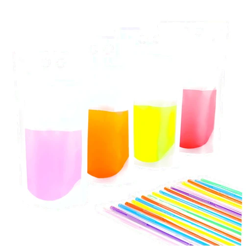 DAIKOYE 50 PCS Stand-Up Plastic Drink Pouches Bags with 50 Drink Straws, Heavy Duty Hand-Held Translucent Reclosable Ice Drink Pouches Bag, Non-Toxic, for Smoothie, Cold & Hot Drinks