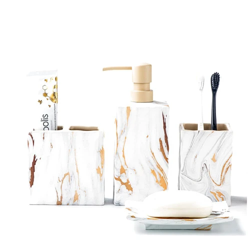 RQYIXI Bathroom Accessories Set 4 Pcs Marble Look Sets Toothbrush Holder Soap Dispenser Counter Top Ceramic Bathroom Decor Set Gold
