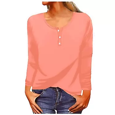 SMIDOW Fall Fashion For Women 2023 Trendy Long Sleeve Henley Tops Casual Loose Comfy Button Down Tunic Shirts Solid Blouses #G05-pink Medium