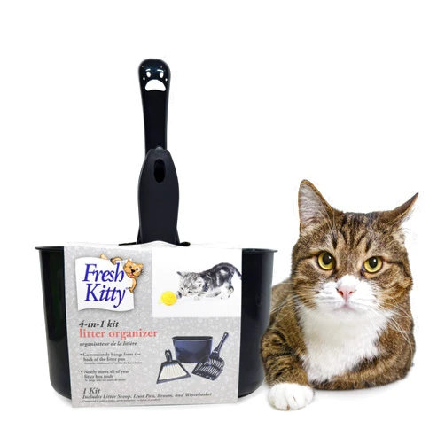 Fresh Kitty 4-in-1 Litter Box Organizer Cleanup Kit – Cat Litter Box Cleaning Supplies – Sweeper & Dustpan, Scooper, Storage Caddy, Charcoal