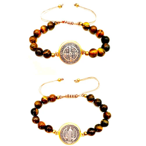 Bovemee 2Pcs San Benito Bracelet Tigher Eye Bracelet Saint Benedict Medal Catholic San Benito Medalla