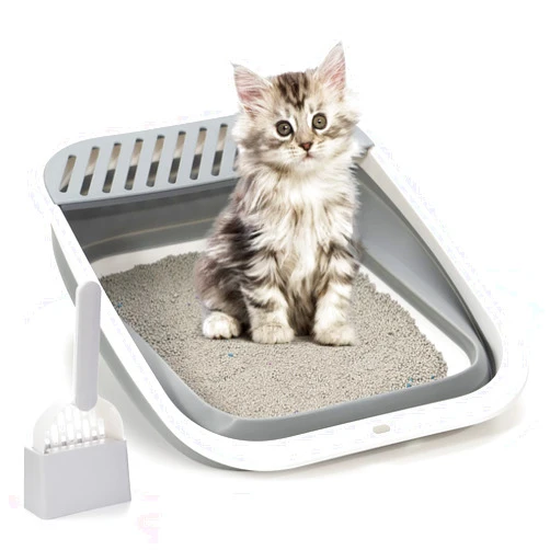 TomteNisse Open Top Cat Litter Box, Large Foldable Cat Potty Height-Adjustable Sides Anti-Splash, Open Air Kitty Litter Pan No Smell, Cat Toilet Easy Clean with Cat Litter Scoop (Gray)