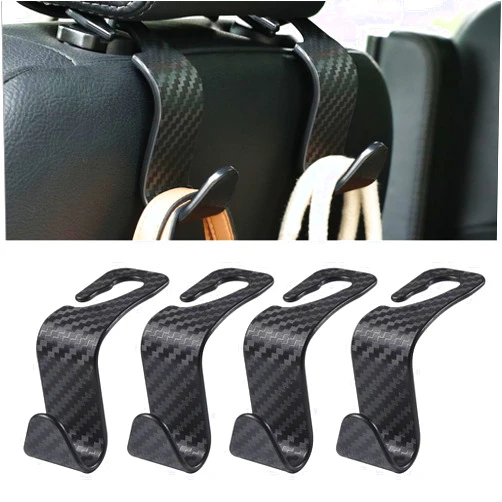 Hbxdeco 4 Pack Car Seat Headrest Hooks, Durable Auto Seat Hook Hangers Storage Organizer for Purse Coats Umbrellas Grocery Bags Handbag, Universal Car Interior Accessories(Carbon Fiber)