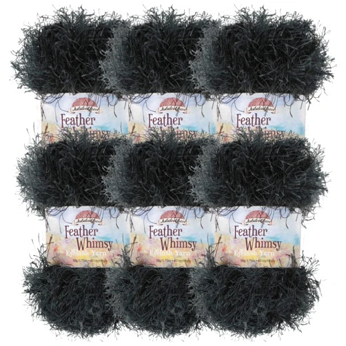 BambooMN JubileeYarn Feather Whimsy Eyelash Yarn - 50g/Skein Fine Polyester Fur - Black - 6 Skeins