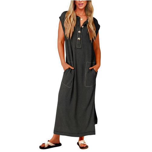 KIRUNDO Womens Summer Dresses Ribbed Knit Henley Short Sleeve Maxi Dress Button Up Loose Slit Beach Vacation Sundress