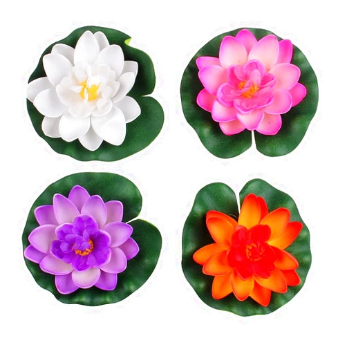 Lasenersm Set Of 4 Different Color Artificial Floating Foam Lotus Flower Water Lily for Home Garden Pond Decor,Small