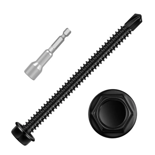 Kvohlum 50 PCS #10 x 3 Sheet Metal Screws, Black Hex Washer Head Self Drilling Screw, Flanged Hex Self Tapping Screws, 410 Stainless Steel, Hex Bit Socket Included