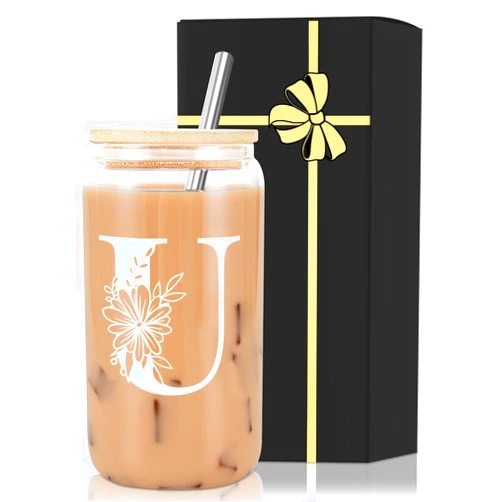 Yekidos Monogrammed Glass Drinking Cup With Lid Straw Comfort Gifts Woman Customized Coffee Cup Regalos Para Mujer Teen Girl Gifts Trendy Stuff Iced Glass Tumbler Must Haves For Women Apartment Essentials