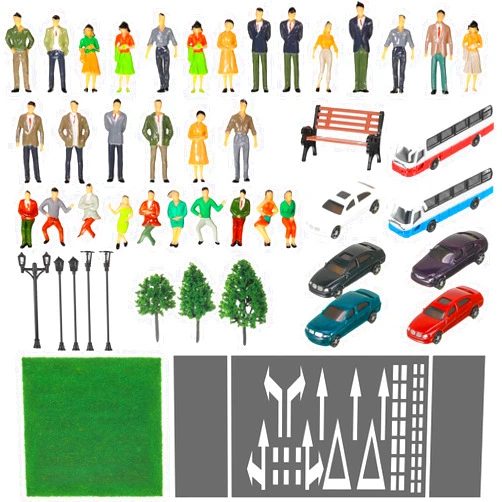 Sratte 64 Pcs Model Train Scenery Accessories 1: 50 Scale Painted Figures Miniature People Figurines Mini Architectural Model Cars Trees Lamps Bench Lawn for Micro Scene Projects
