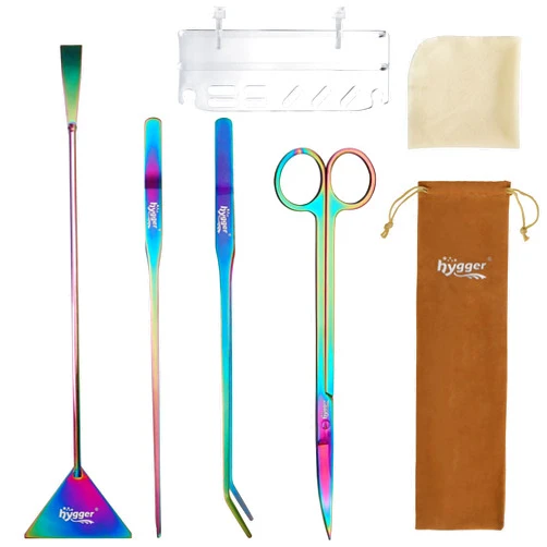 hygger 6-in-1 Long Aquarium Aquascaping Tools Kit, Color Stainless Steel Premium Aquatic Plant Tweezers Scissors Spatula Kit Comes with 1 Tool Holder and 1 Cleaning Cloth, for Fish Tank Starters
