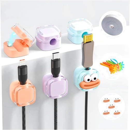 AnsFind 17 Pack Cable Management Clips, 6 Pcs Crystal Top Magnetic Cable Clips & 4 Pcs Silicone Magnetic Cable Ties Multi-Color, Adhesive Cord Holder for Desk Office Room Funny Emoji Desktop Cord Organizer