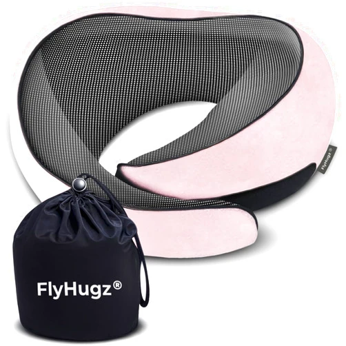 FlyHugz® Neck Travel Pillow | Memory Foam Neck Pillow for Comfort on Airplane | Compact and Ergonomic Design for Travel, Car Rides, and Home Use | Ideal for Adults and Kids (Pink)