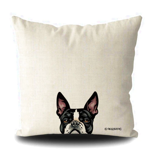 MALIHONG Dog Throw Pillow Case Pure Square Peeking Dog Boston Terrier Dog Lover Linen Cushion Cover for Sofa Bed Home Decor 16x16 Inch