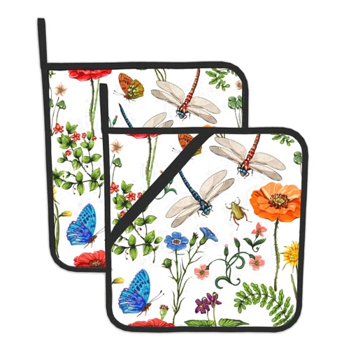 BAMOWEY Dragonfly Butterfly Botanical Pot Holders Set of 2, Kitchen Heat Resistant Potholder for Microwave Cooking Baking Oven End Dishes and BBQ