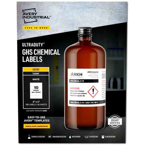 Avery UltraDuty GHS Chemical Labels for Laser Printers, Waterproof, UV Resistant, 2 x 4, 500 Pack (60505)