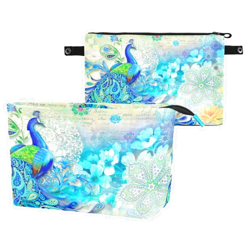 MNSRUU Insert Organizer for Handbag Zipper Polyester Pouches for Inside Tote Bag Pocketbook 10 Pockets Large,Peacock