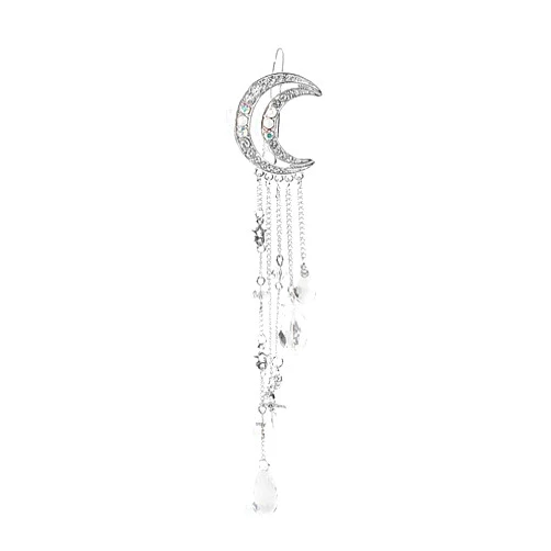 Queenland Romantic Crescent Moon Star Crystal Dangle Hairpin Rhinestone Beads Hair Clips Bridal Jewelry Tassel Drop Hair Pins Bobby Pins For Women Girls Hair Accessories (Silver)