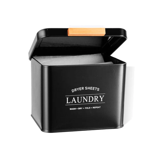 Candco Dryer Sheet Holder with Hinged Lid for Laundry Room Organization, Metal Farmhouse Dryer Sheet Container, Dryer Sheet Box Laundry Room Decor & Accessories (Black)