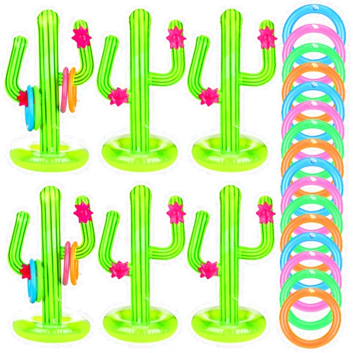 Junkin 6 Sets Luau Party Games Inflatable Cactus Ring Toss Game Includes 6 Pcs Inflatable Cactus 24 Floating Inflatable Toss Rings Cactus Ring Toss Toy for Summer Hawaiian Pool Beach Swimming Party