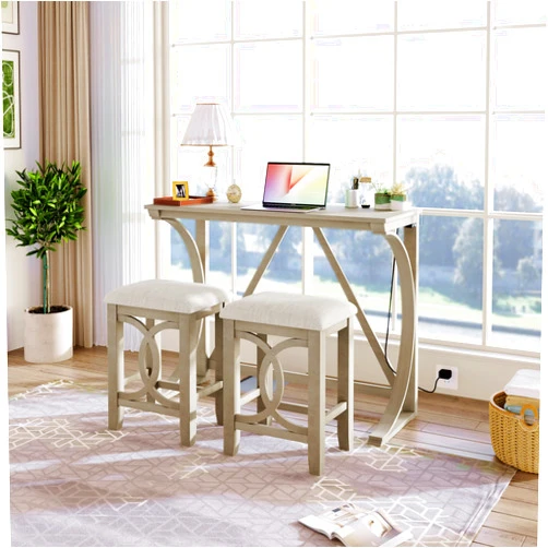 NCKMYB Rustic Bar Table Set with 2 Stools, 3-Piece Counter Height Dining Table Set with USB Ports, Small Dining Room Set, for Kitchen Breakfast Nook Restaurant (Cream)