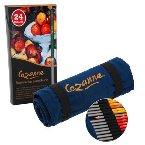 Cezanne Set of 24 Professional Colored Pencils with Canvas Roll-Up Case - Premium, High Pigment Colored Pencils, 3.3mm Diameter Lead and Storage Case with Zipper Pouch - Can Hold up to 48 Pencils