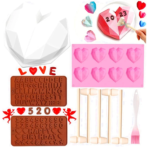 EddHomes 10pcs Valentines Heart Silicone Molds, Large Breakable Heart Mold for Chocolate with Hammer, 8 Cavity Diamond Heart Shaped Silicone Molds for Valentines Candy Making