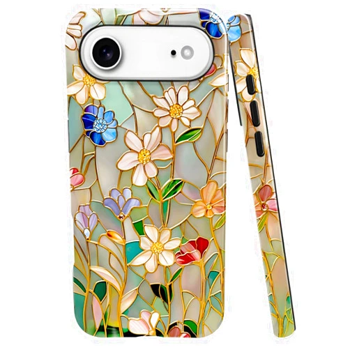 TnXee Case Compatible with iPhone 17 Air,Fall Prevention Bright Hybrid 2-Layer Hard Shell Phone Case for Girls Boys,Stained Glass Bloom Flower